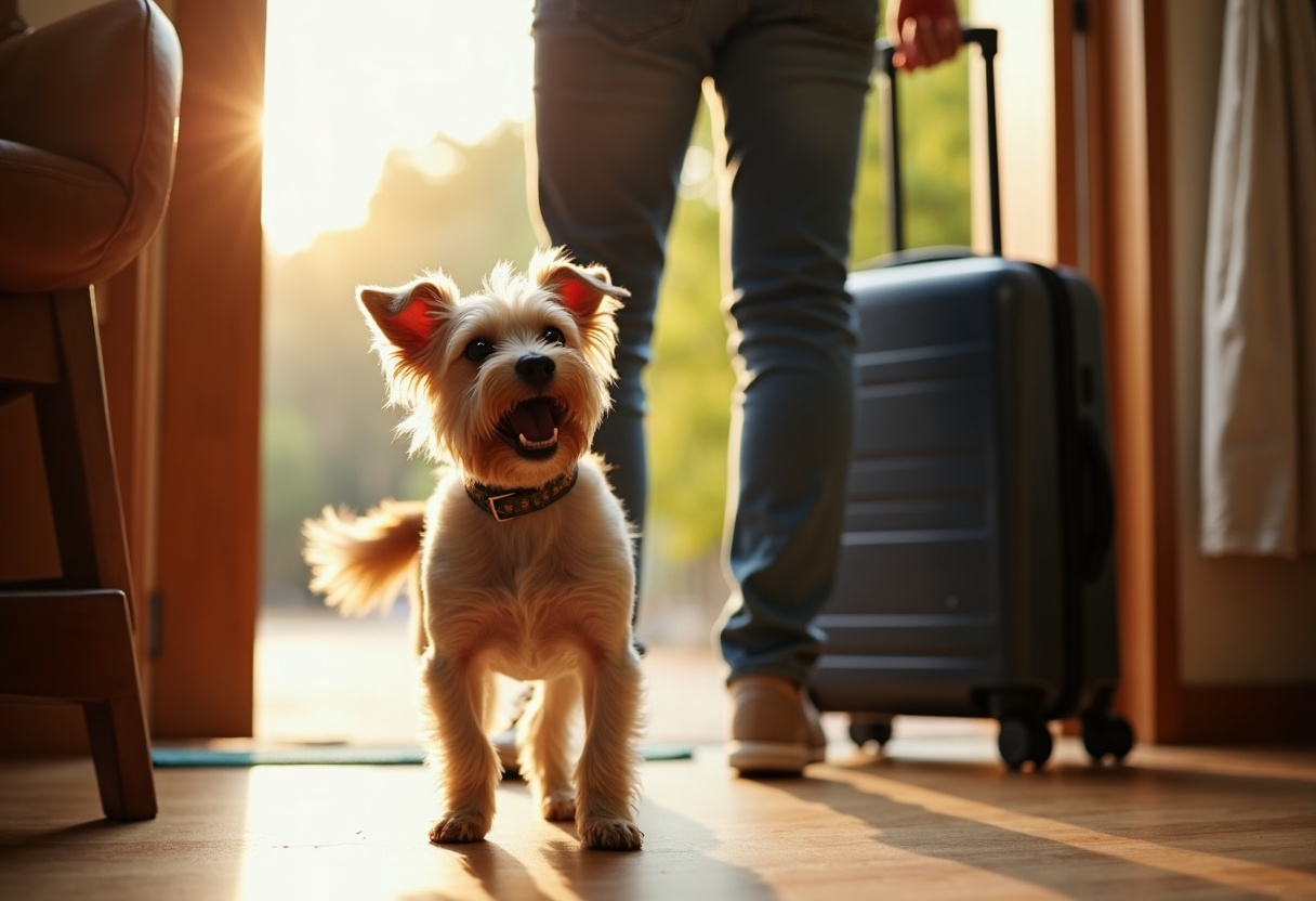 A terrier greeting its owner at the front door, suitcase still in hand